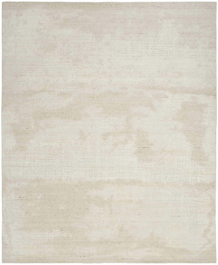 Close-up of Nourison Harmony Ivory rug. Modern, rectangular rug with subtle chestnut accents and a soft, textured pattern.