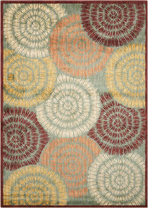 Close-up of Nourison Aristo Multicolor rug featuring a circular pattern in cream, gold, rust, and burgundy hues.