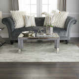 Living room scene with grey sofa, mirrored table, and Inspire Me! Home Décor Elegance Grey rug.