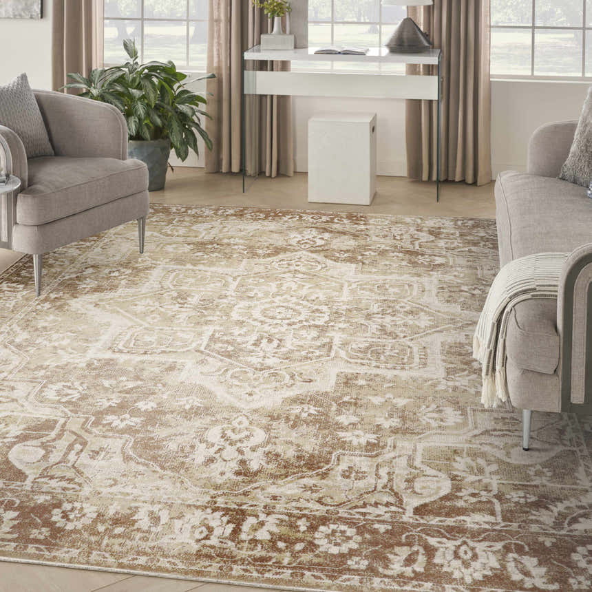 Living room with neutral furniture and Nourison Astra Rust Vintage Area Rug.