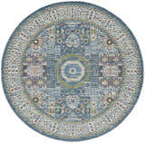 Close-up of the round Nourison Ankara Global rug. Ivory and light blue bohemian pattern with chestnut accents.