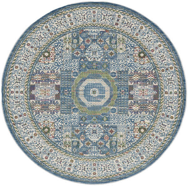 Close-up of the round Nourison Ankara Global rug. Ivory and light blue bohemian pattern with chestnut accents.