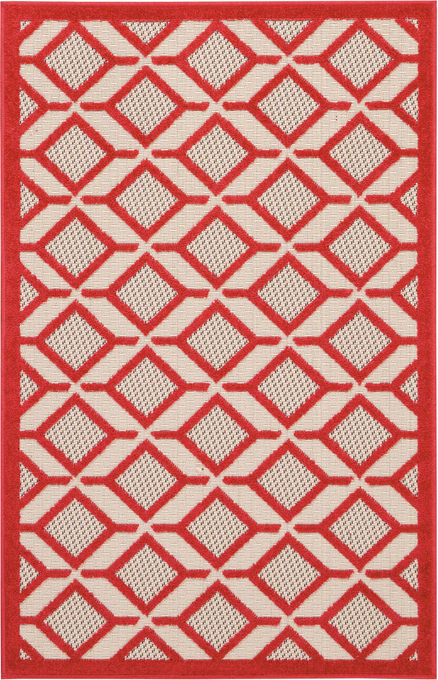 Close-up of Nourison Aloha Red Casual Area Rug, featuring a geometric diamond pattern on a textured beige background.