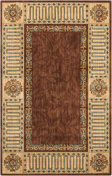 Close-up of the Nourison Vallencierre Brown Vintage Area Rug, featuring a dark brown center and a geometric, floral border.