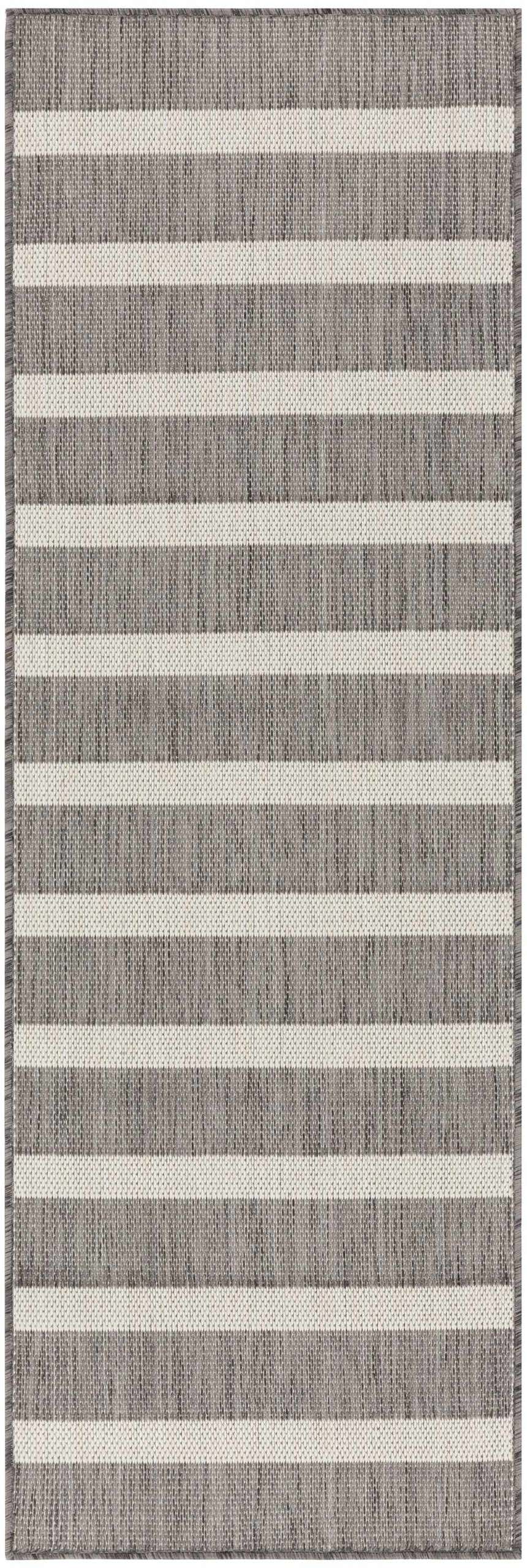 Close-up of the textured Nourison Positano Charcoal Ivory rug with horizontal taupe and ivory stripes.