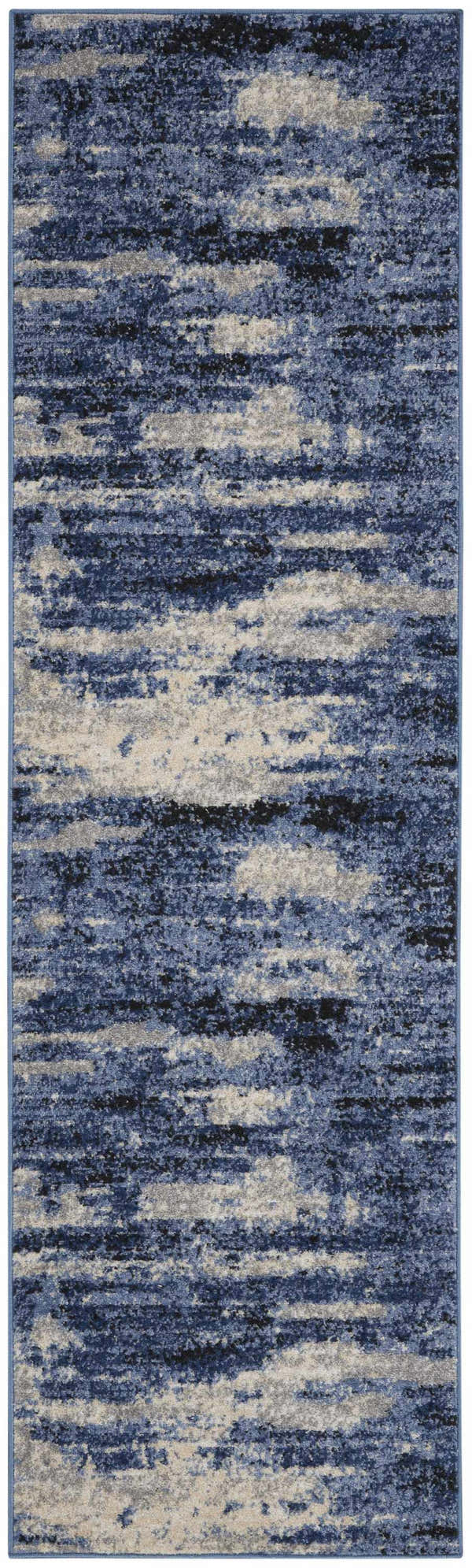Close-up of Calvin Klein River Flow rug; blue, gray, and black abstract pattern, mid-century modern style.