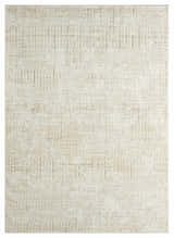 Close-up of DKNY Grand Street Ivory Beige rug. Modern, machine-made pile with chestnut accents. Rectangle/runner shape.