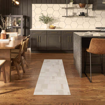 Modern kitchen and dining area with Nourison Nordic Ivory Beige runner rug.