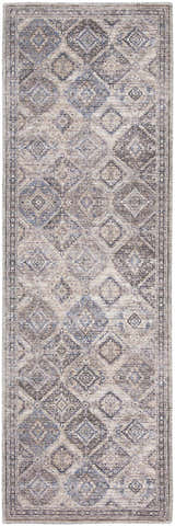 Close-up of Nourison New Concept Ivory Latte Vintage Area Rug. Diamond pattern in chestnut, ivory, and blue tones.