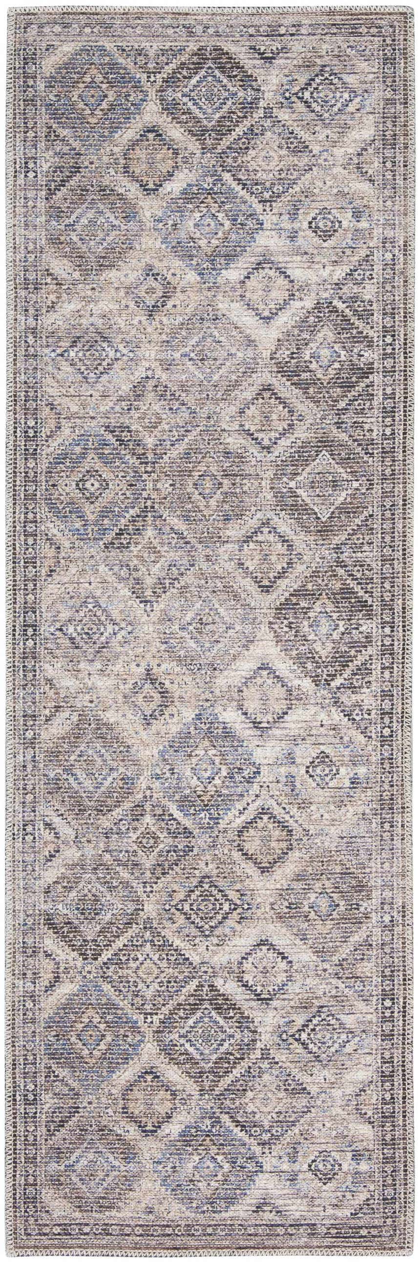 Close-up of Nourison New Concept Ivory Latte Vintage Area Rug. Diamond pattern in chestnut, ivory, and blue tones.