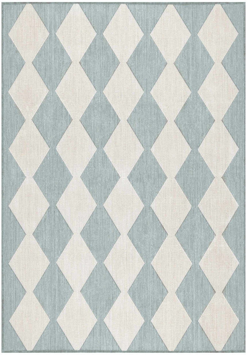 Close-up of the Nourison Positano Aqua Modern Area Rug featuring a geometric diamond pattern in aqua and cream.