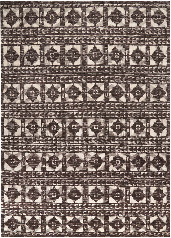 Close-up of the Portfolio Catherine & Justine Macfee Charcoal rug with taupe, diamond, and geometric patterns.