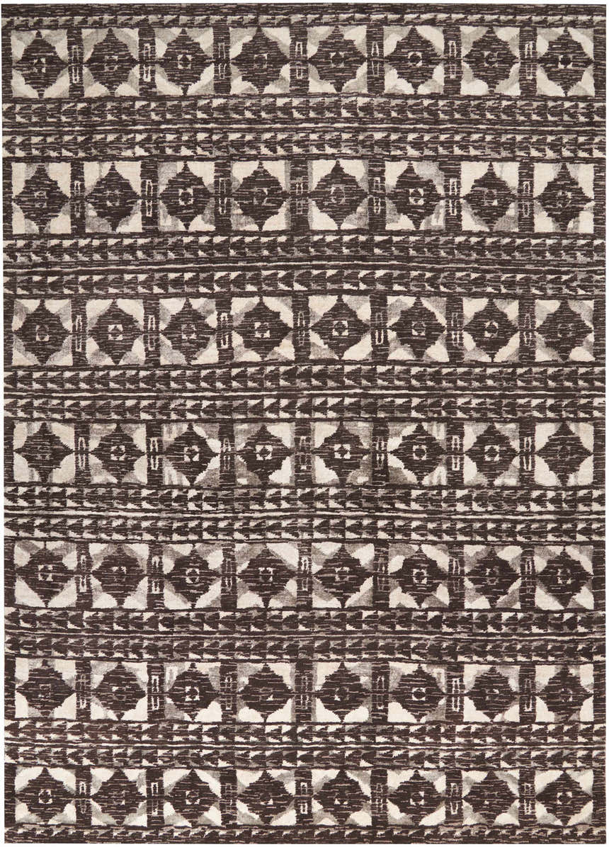 Close-up of the Portfolio Catherine & Justine Macfee Charcoal rug with taupe, diamond, and geometric patterns.