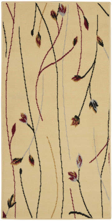 Close-up of Nourison Grafix Cream rug. Contemporary design with floral vine pattern in cream, burgundy, and black.