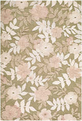 Close up of the Auvernier Area Rug. Blush pink, cream, and olive floral pattern on a soft taupe background. 100% Wool. Design-Rectangle-576