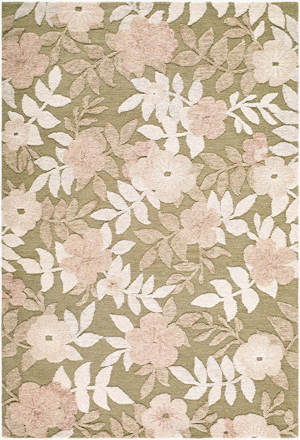 Close up of the Auvernier Area Rug. Blush pink, cream, and olive floral pattern on a soft taupe background. 100% Wool. Design-Rectangle-576