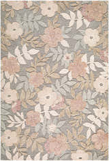 Close-up of the Ettenheim Area Rug. Floral design in cream, rose, sage, and taupe on a slate gray background. Hand-tufted wool texture. Design-Rectangle-576