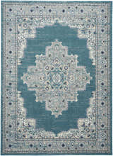 Close-up of the Nourison Passion Turquoise Grey rug, showcasing its bohemian pattern and colors.