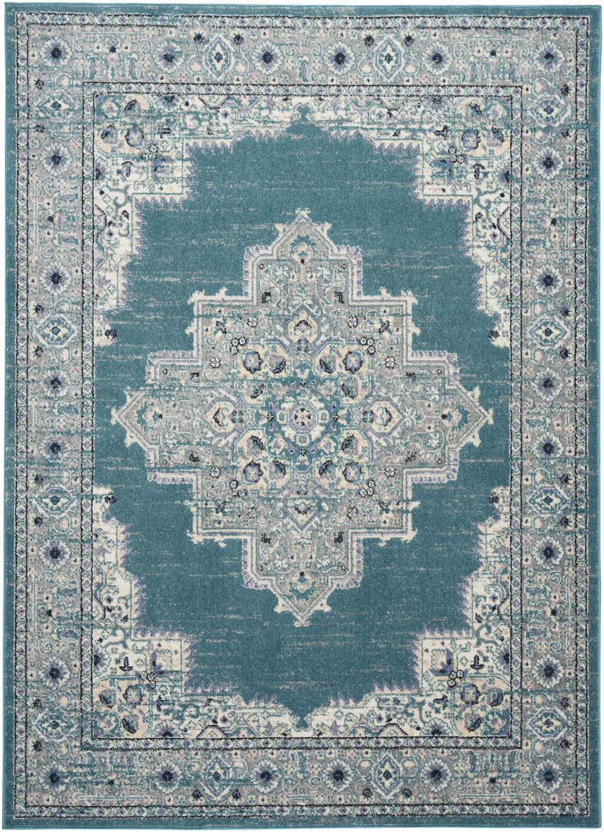 Close-up of the Nourison Passion Turquoise Grey rug, showcasing its bohemian pattern and colors.
