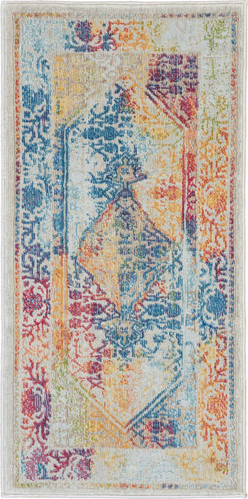 Close-up of the Nourison Ankara Global rug. Ivory background with blue, red, and orange bohemian patterns.