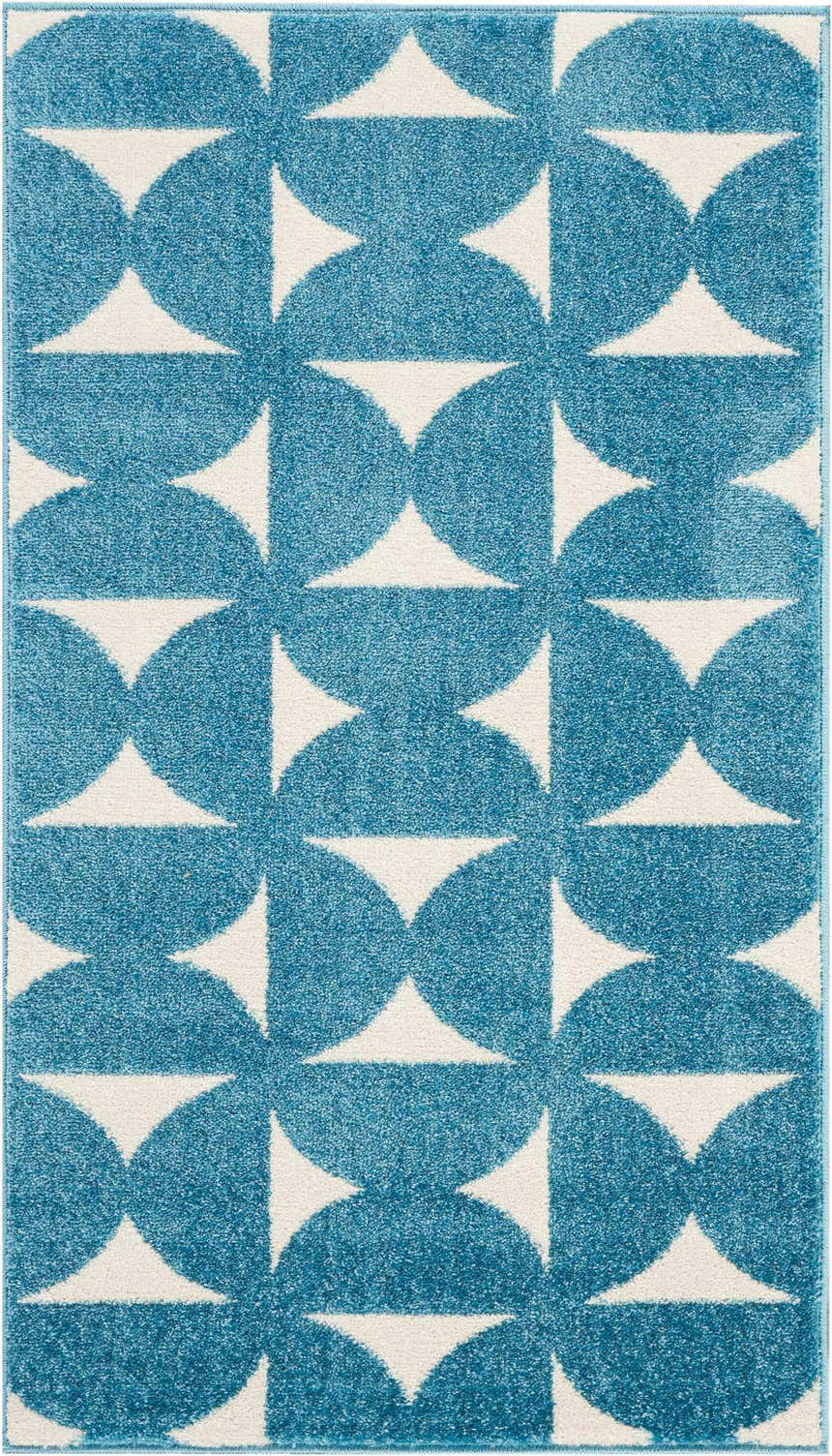 Close-up of Nourison Harper Blue Colorful Indoor Area Rug with a geometric circle and triangle pattern.