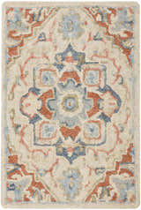 Close-up of Nourison Maison Ivory Rust Vintage Indoor Area Rug. Handmade pile rug with chestnut, ivory, and blue floral design.