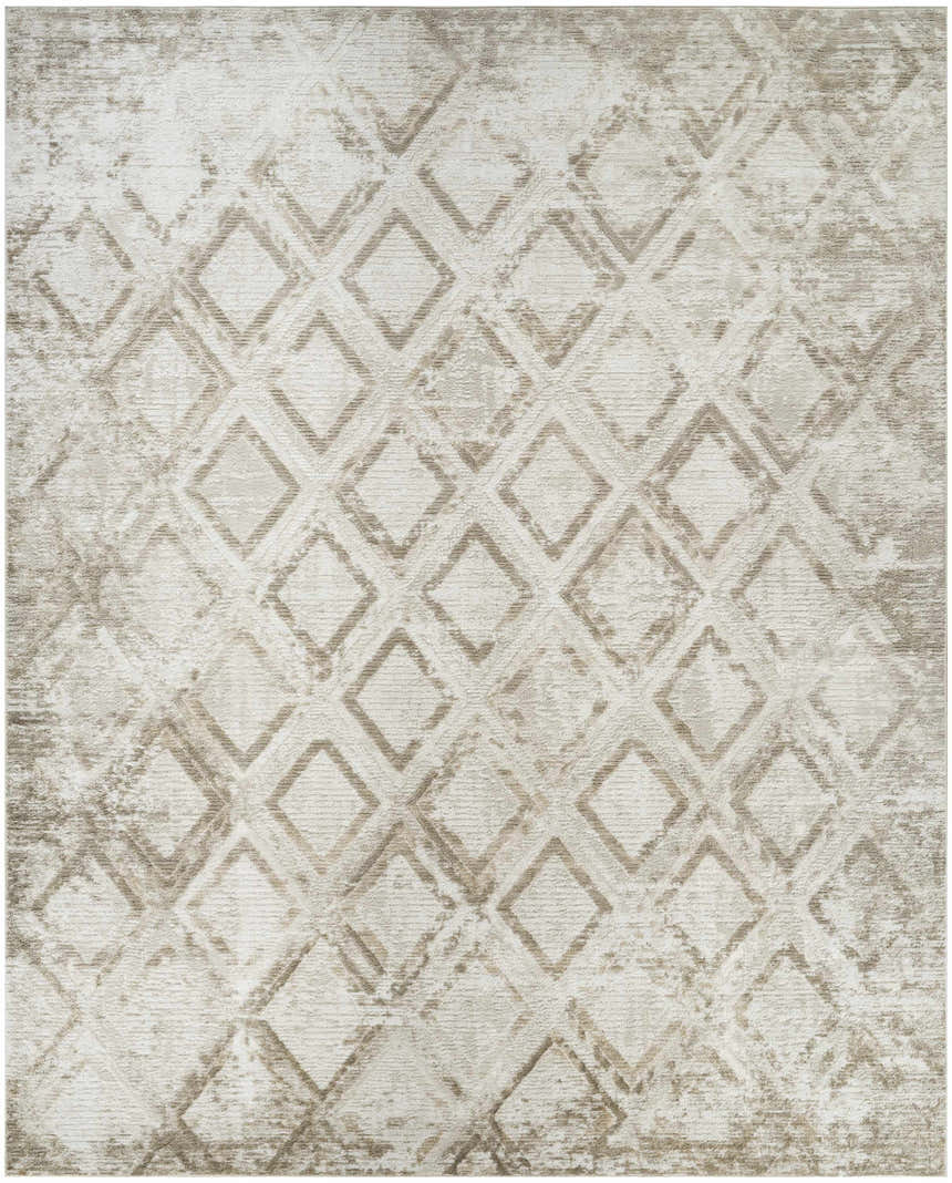 Close-up of the Nourison Dekor Ivory Taupe rug, featuring a diamond pattern and high pile texture. Neutral, mid-century modern style.