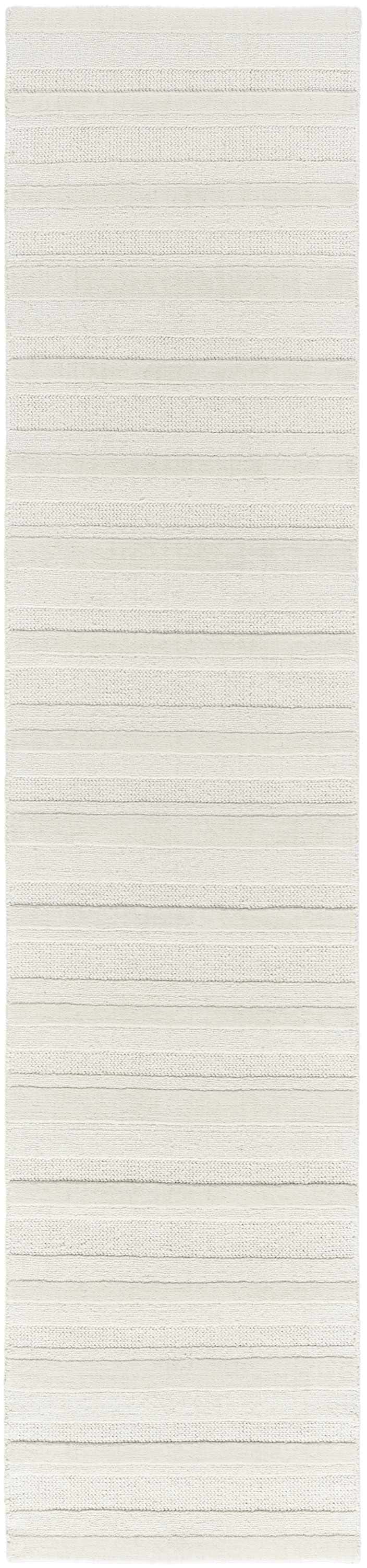 Close-up of DKNY Pure Multi Weave Ivory rug. Features a textured, striped pattern in soft, neutral ivory tones. Contemporary style.
