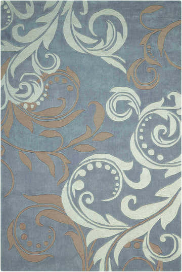Close-up of Nourison Contour Silver rug with swirling floral pattern in gray, white, and tan. Contemporary design.