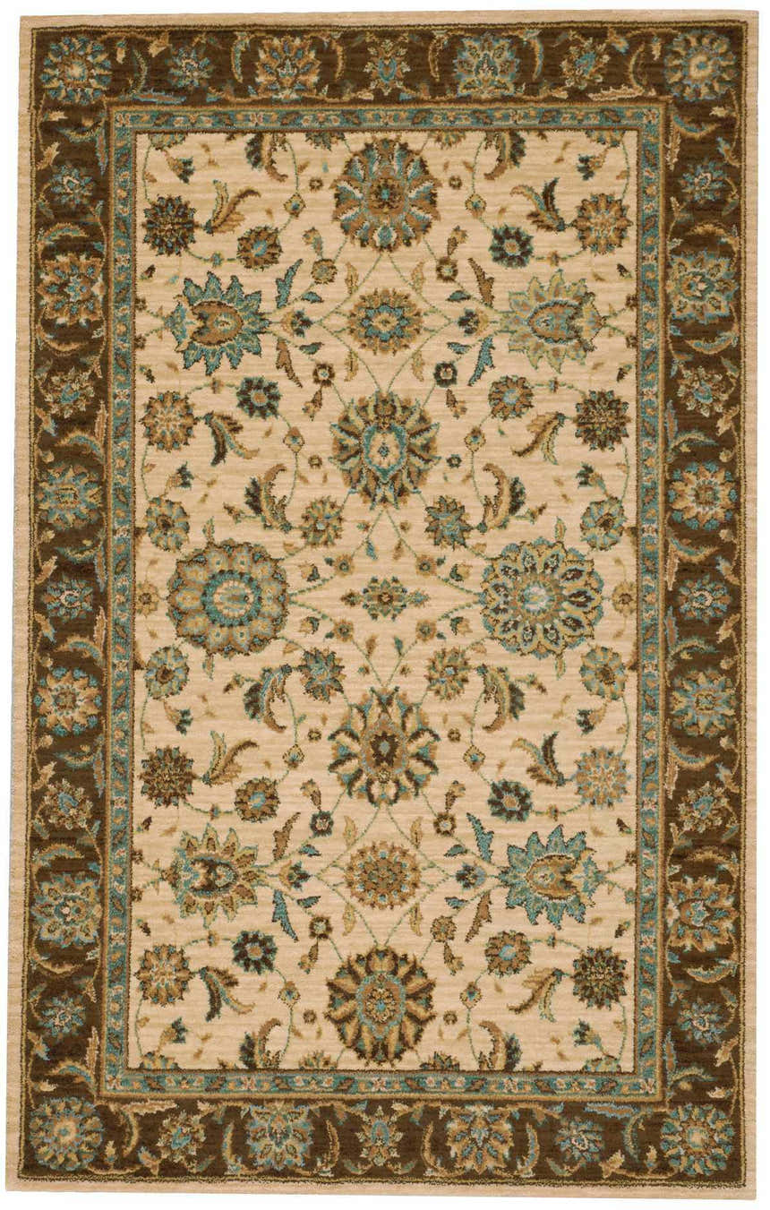 Beige Nourison Living Treasures rug featuring a traditional floral pattern with brown and teal accents.
