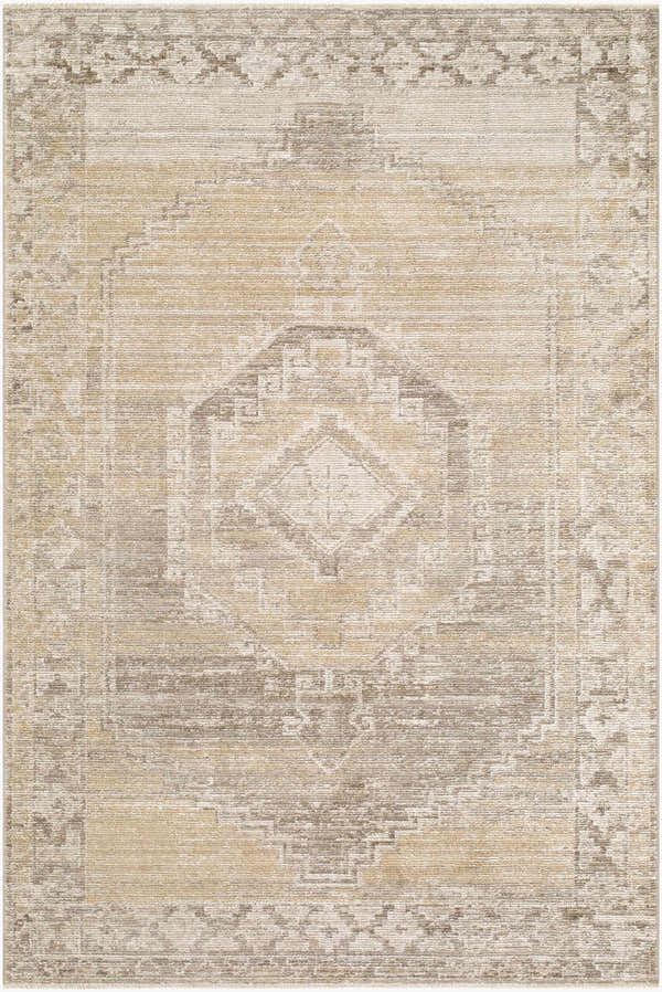 Close-up of the Kailey Area Rug featuring a traditional geometric pattern in dark brown, light gray, off-white, tan, and taupe. Design-Rectangle-575
