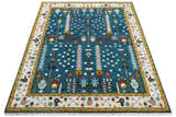 Fine Teal And Ivory Traditional Tree of life Hand Knotted Wool Rug