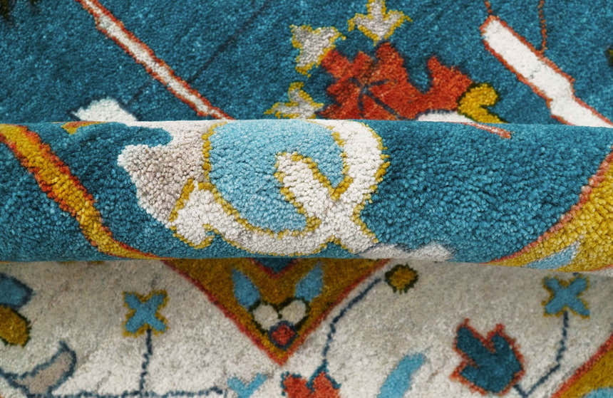Fine Teal And Ivory Traditional Tree of life Hand Knotted Wool Rug