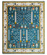 Fine Teal And Ivory Traditional Tree of life Hand Knotted Wool Rug