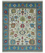 Fine Traditional Ivory and Blue Colorful Hand knotted Oushak Wool Area Rug