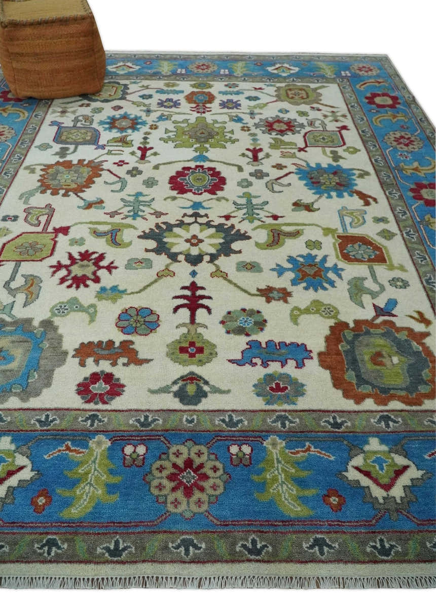 Fine Traditional Ivory and Blue Colorful Hand knotted Oushak Wool Area Rug