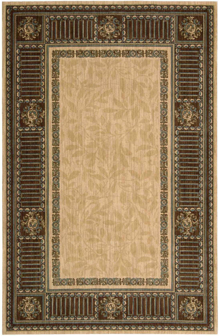 Close-up of the Nourison Vallencierre Beige Vintage Area Rug, featuring a floral border and subtle leaf pattern.