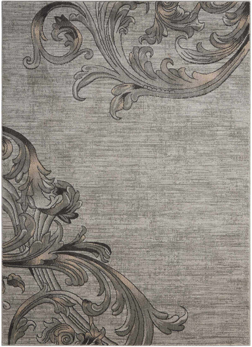 Close-up of the Nourison Maxell Graphite rug. Features a contemporary floral design in shades of gray and graphite.