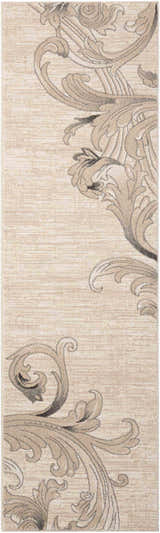 Close up of the Nourison Maxell Mocha rug, featuring a light brown floral scroll pattern.