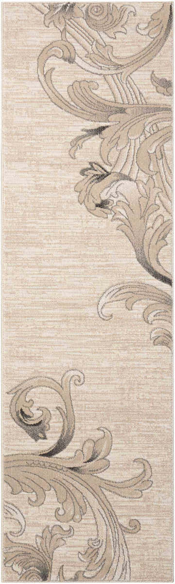 Close up of the Nourison Maxell Mocha rug, featuring a light brown floral scroll pattern.