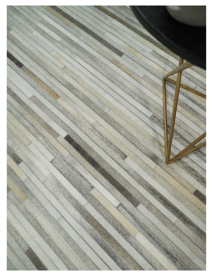 Flatweave Hairon Genuine Leather Stripe Design Beige and Ivory Area Rug