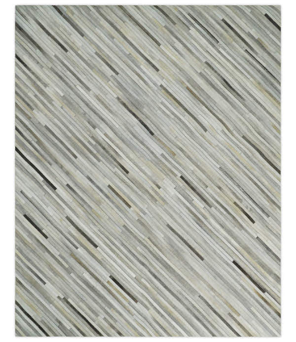 Flatweave Hairon Genuine Leather Stripe Design Beige and Ivory Area Rug