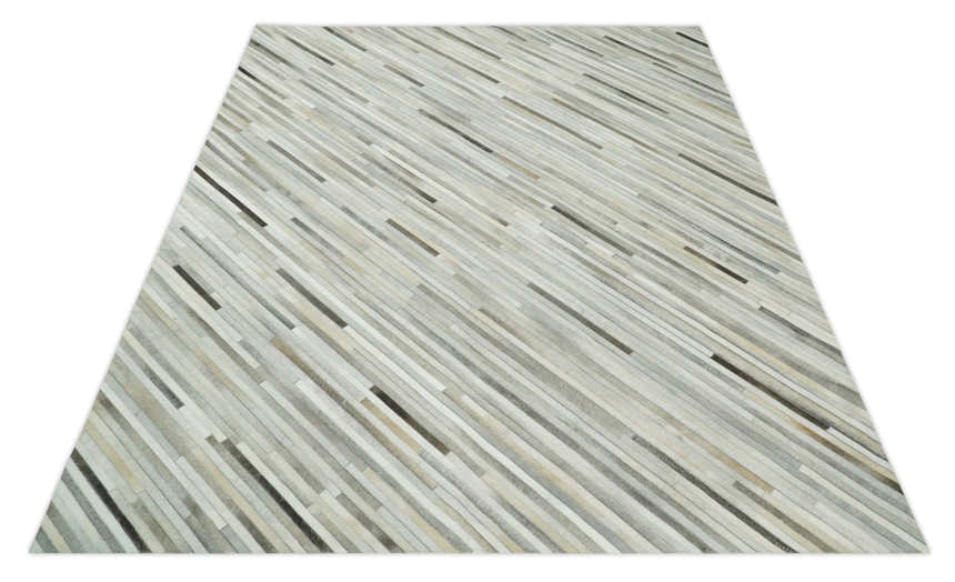 Flatweave Hairon Genuine Leather Stripe Design Beige and Ivory Area Rug
