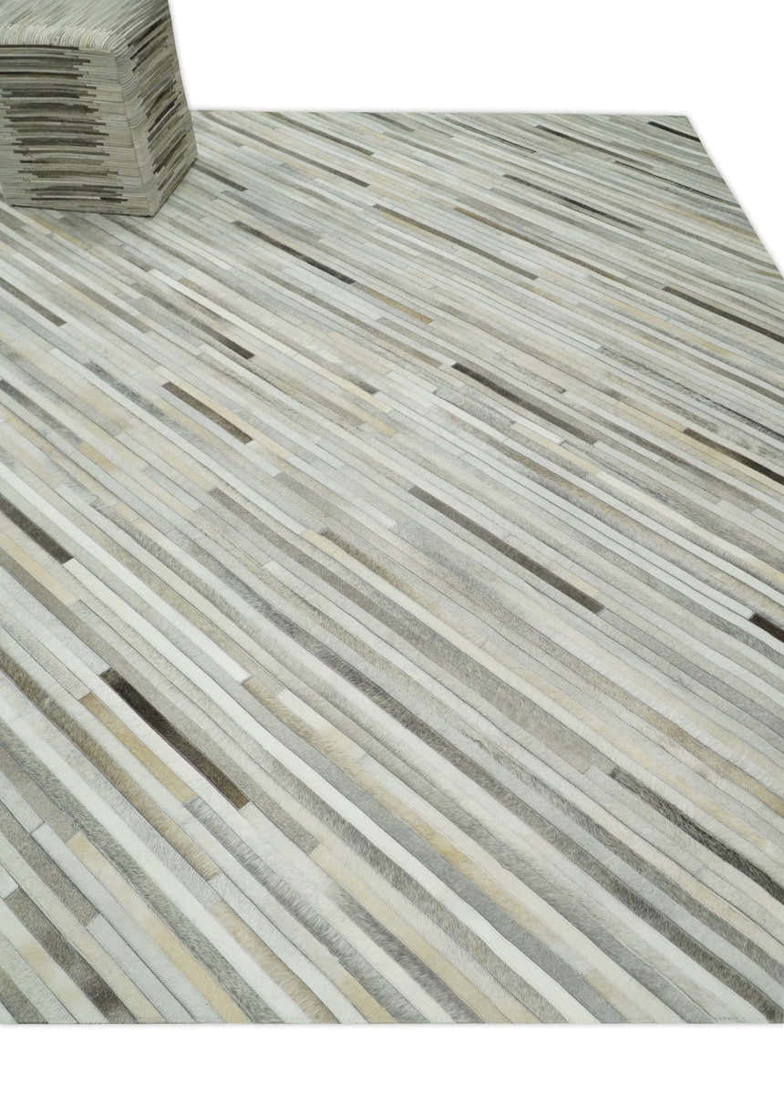 Flatweave Hairon Genuine Leather Stripe Design Beige and Ivory Area Rug