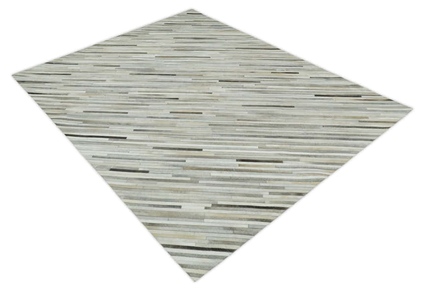 Flatweave Hairon Genuine Leather Stripe Design Beige and Ivory Area Rug