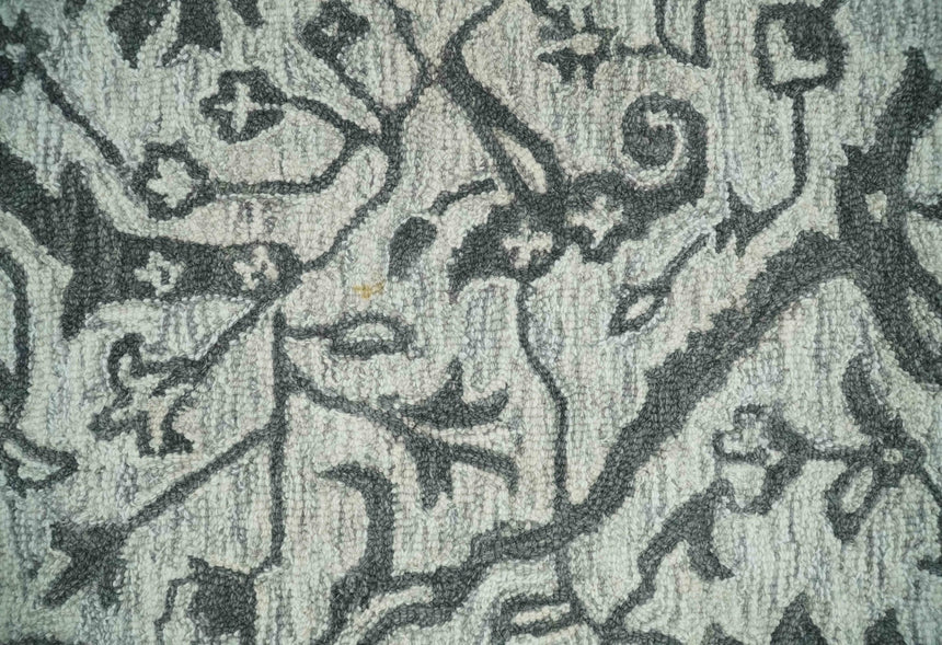 Floral Ivory and Charcoal Wool Hand Woven Layering Multi Size Area Rug