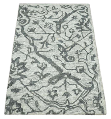 Floral Ivory and Charcoal Wool Hand Woven Layering Multi Size Area Rug