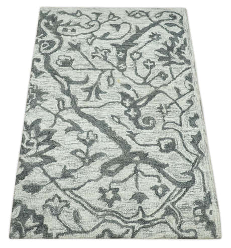 Floral Ivory and Charcoal Wool Hand Woven Layering Multi Size Area Rug
