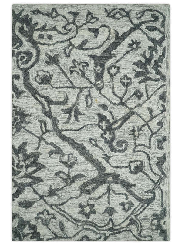 Floral Ivory and Charcoal Wool Hand Woven Layering Multi Size Area Rug