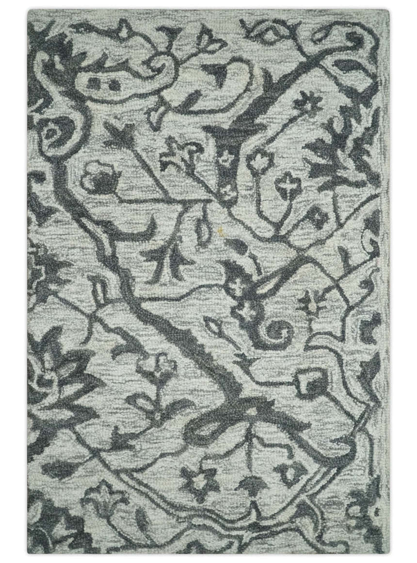 Floral Ivory and Charcoal Wool Hand Woven Layering Multi Size Area Rug